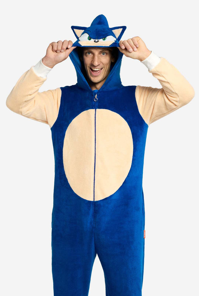 Man wearing blue Sonic the Hedgehog Adult Onesie