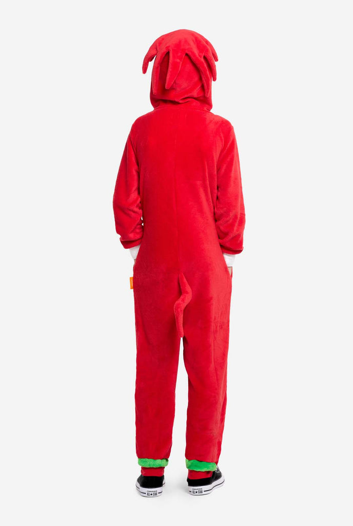 Boy wearing red Sonic Knuckles Kids Onesie, view from the back