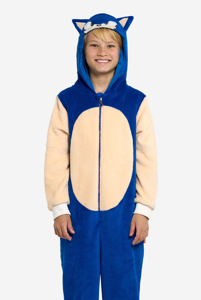 Boy wearing blue Sonic the Hedgehog Kids Onesie