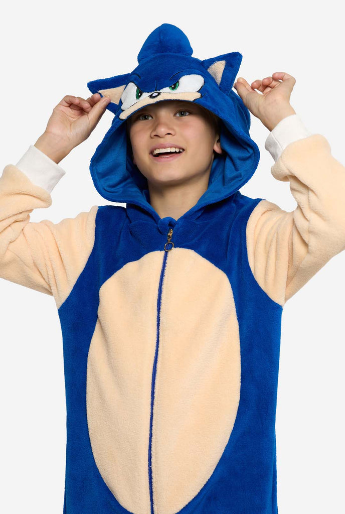 Boy wearing blue Sonic the Hedgehog Kids Onesie