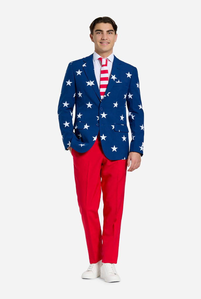 Man wearing red and blue USA themed suit for 4th of July