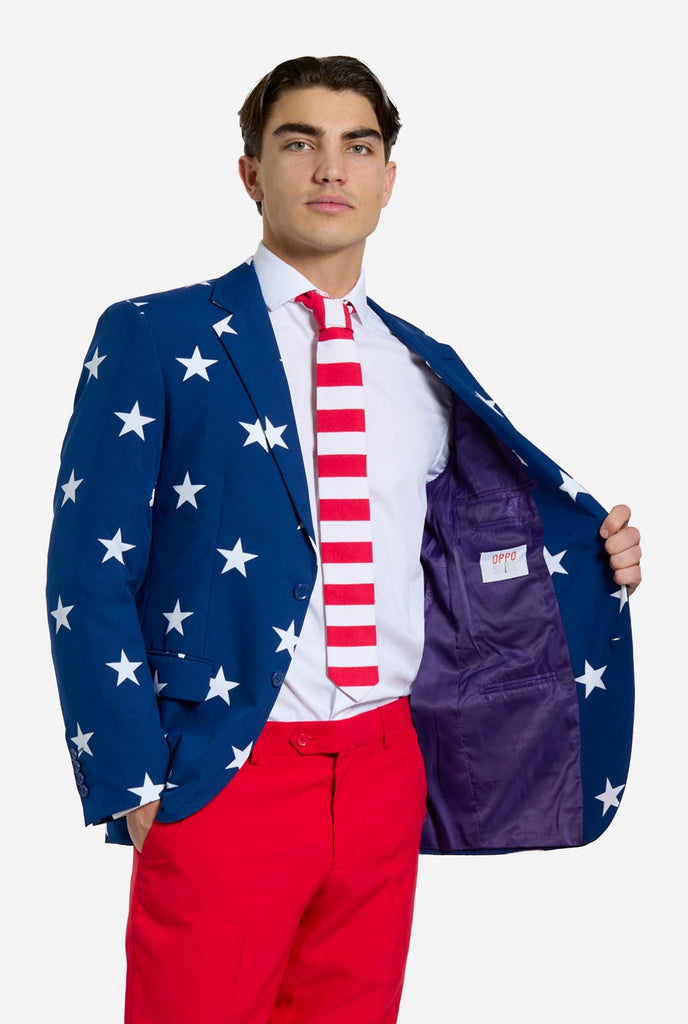 Man wearing red and blue USA themed suit for 4th of July