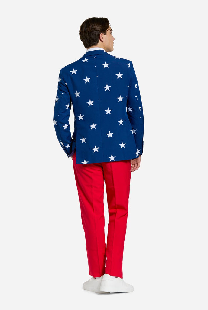 Man wearing red and blue USA themed suit for 4th of July