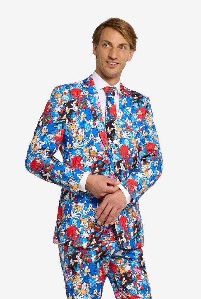 Man wearing colorful mens suit with Sonic the Hedgehog print