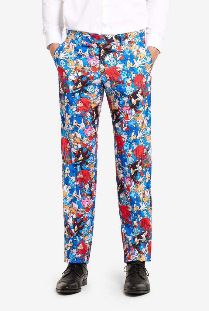 Man wearing colorful mens suit with Sonic the Hedgehog print, pants view