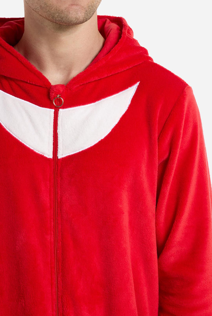 Man wearing red Sonic Knuckles adult onesie, close up