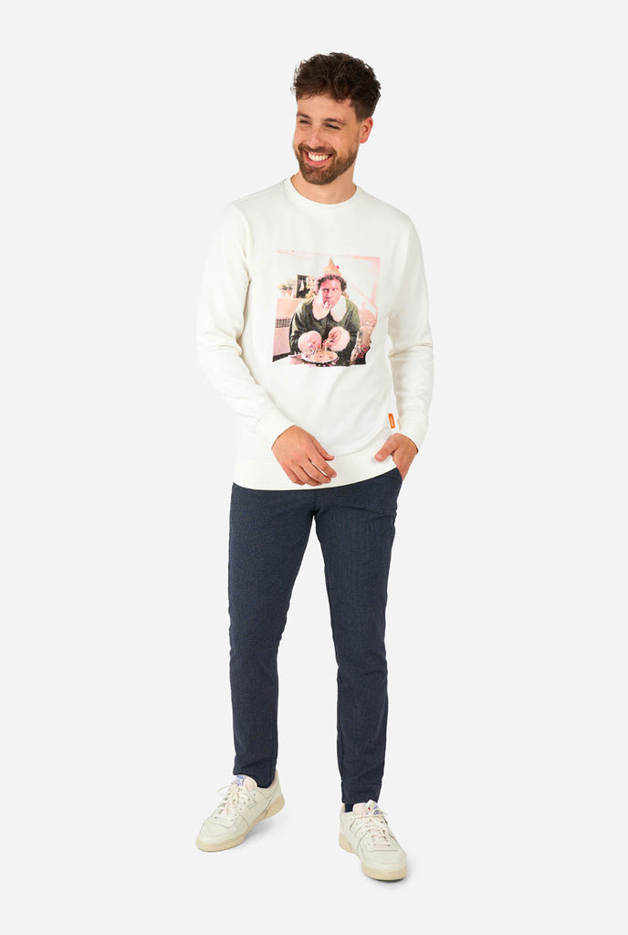 Man wearing white sweater with Elf Christmas image