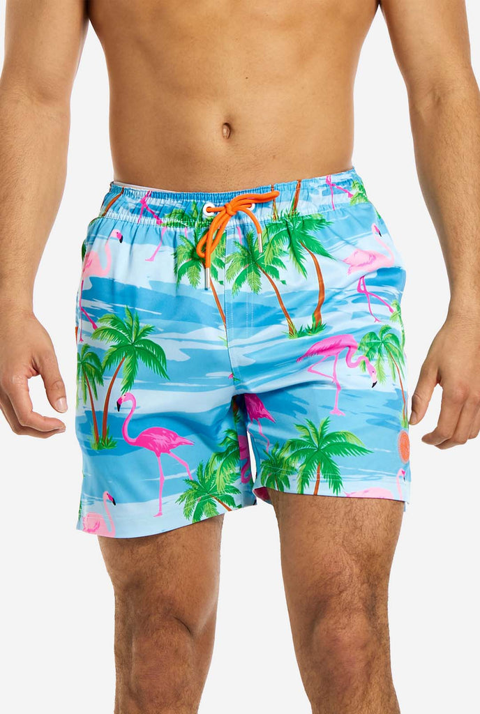 Man wearing Flaminguy swim trunks for men, close up