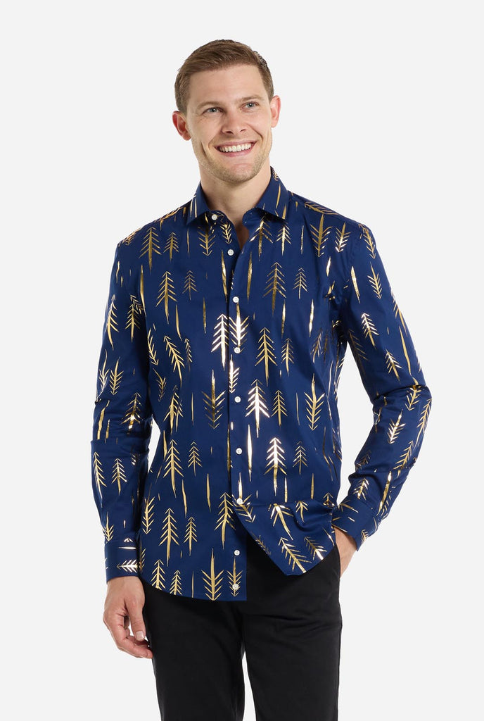 Man wearing dark blue Christmas shirt with golden foil trees