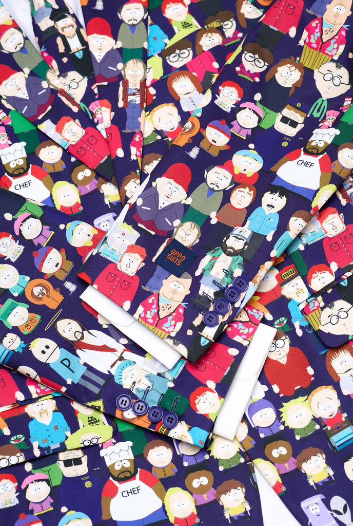 Close up of South Park mens suit. Mens suit with South Park characters all-over print.