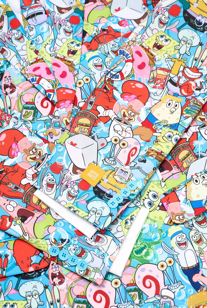 Close up of multi color mens suit with SpongeBob characters all over print.