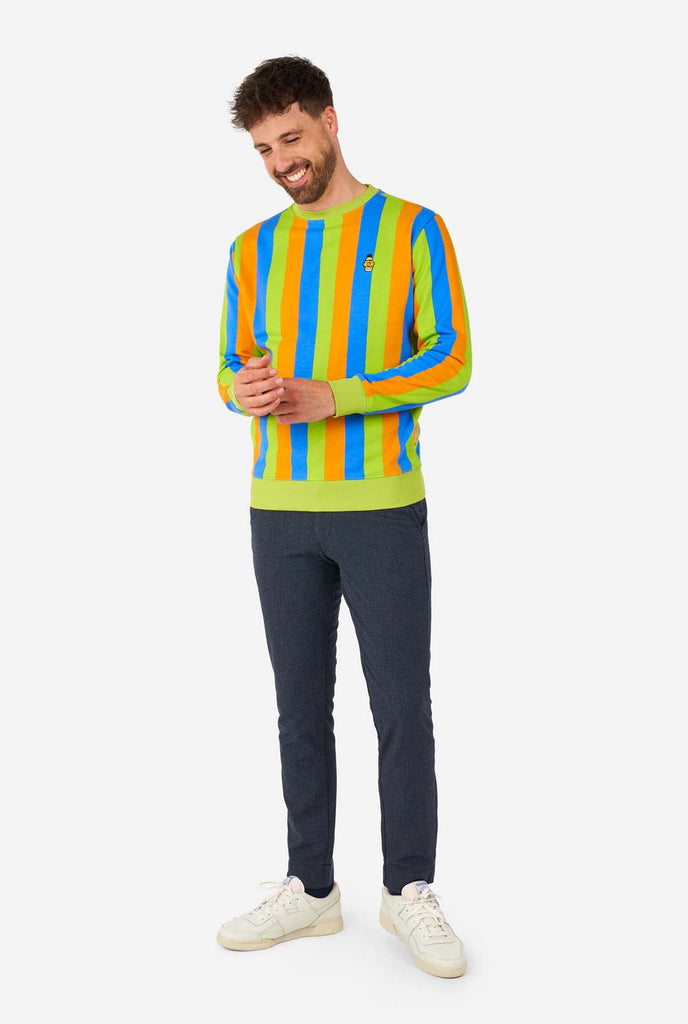 Man wearing Sesame Street Bert style Men's Sweater with green, blue and orange stripes