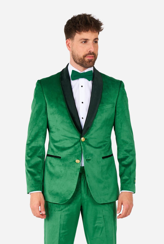 Man wearing St. Patrick's Day green velvet tuxedo.