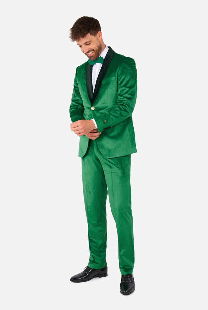 Man wearing St. Patrick's Day green velvet tuxedo.