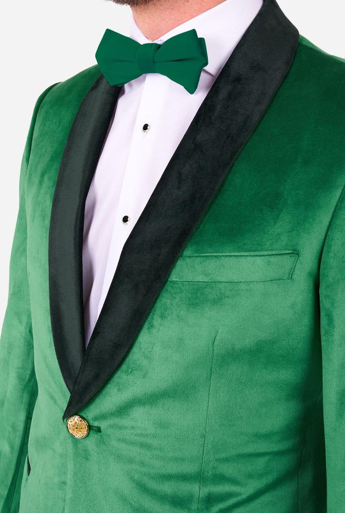 Man wearing St. Patrick's Day green velvet tuxedo, close up.