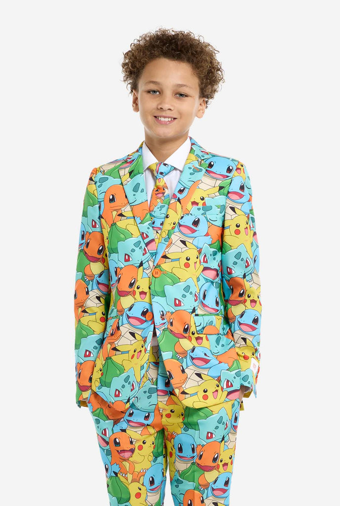 Teen wearing formal multi color suits with Pokemon print