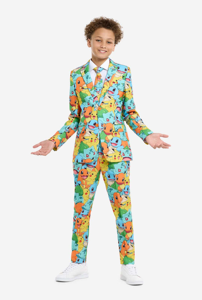 Teen wearing formal multi color suits with Pokemon print