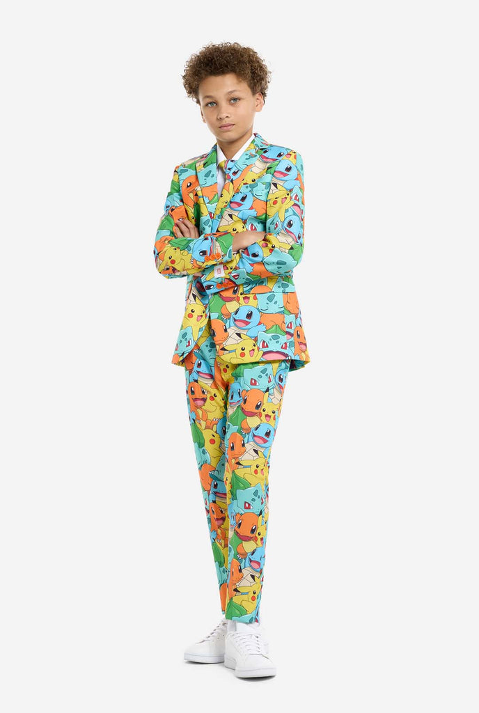 Teen wearing formal multi color suits with Pokemon print