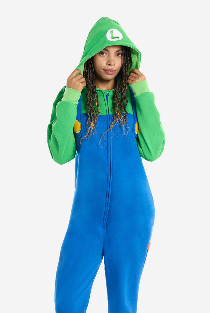 Woman wearing Unisex Adult Onesie with Super Mario Luigi theme