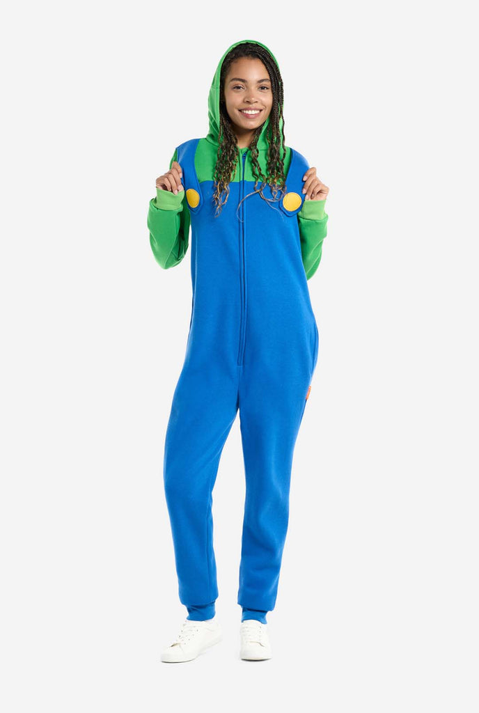 Woman wearing Unisex Adult Onesie with Super Mario Luigi theme