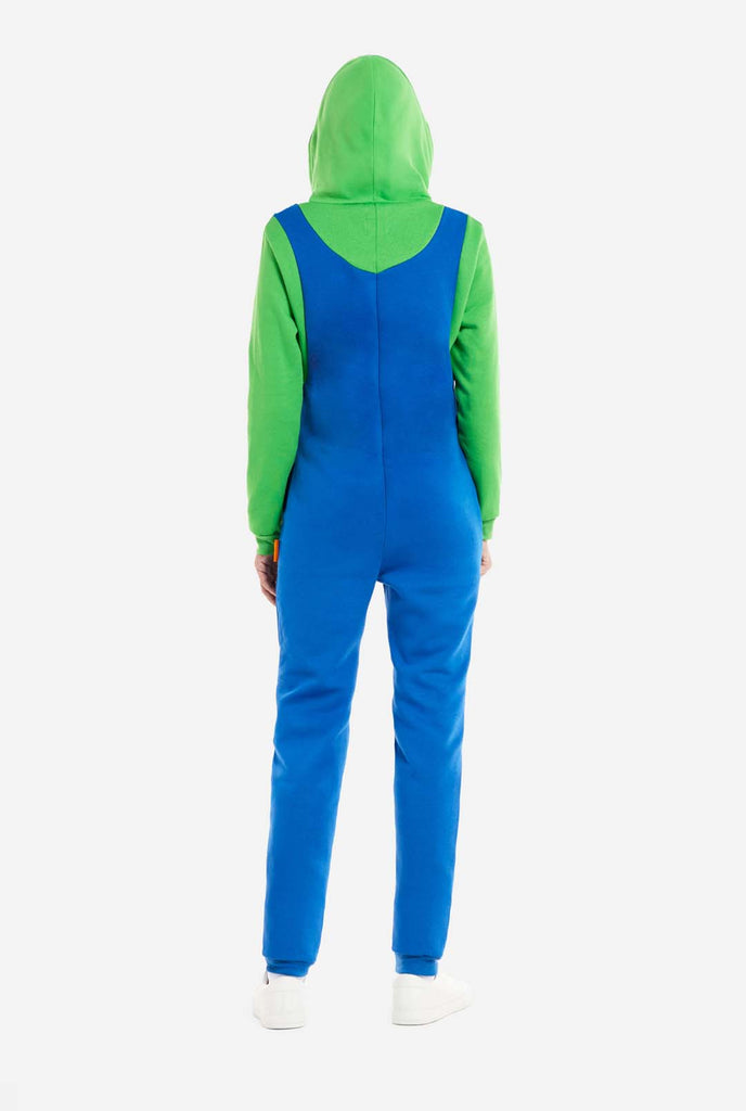 Woman wearing Unisex Adult Onesie with Super Mario Luigi theme, view from the back