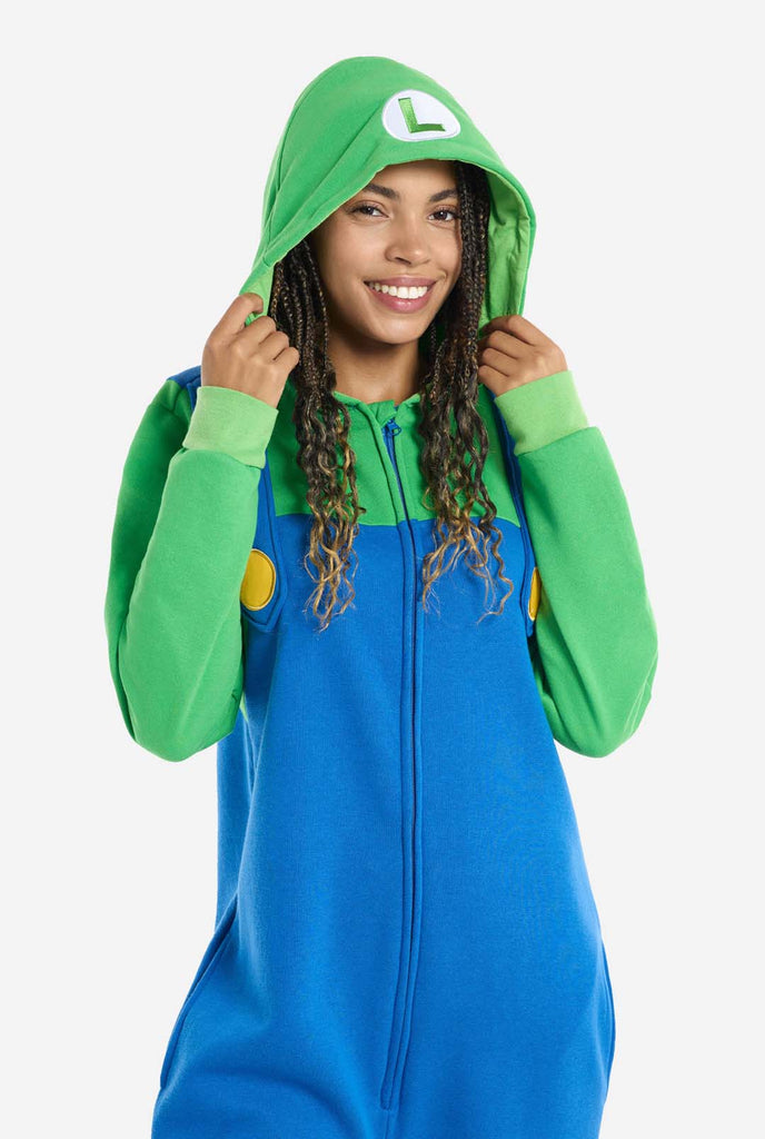 Woman wearing Unisex Adult Onesie with Super Mario Luigi theme