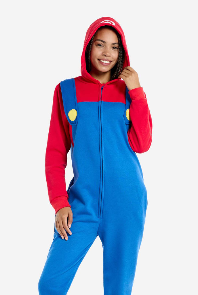 Woman wearing Unisex Adult Onesie with Super Mario theme