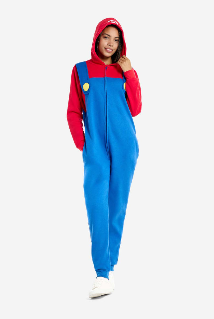 Woman wearing Unisex Adult Onesie with Super Mario theme