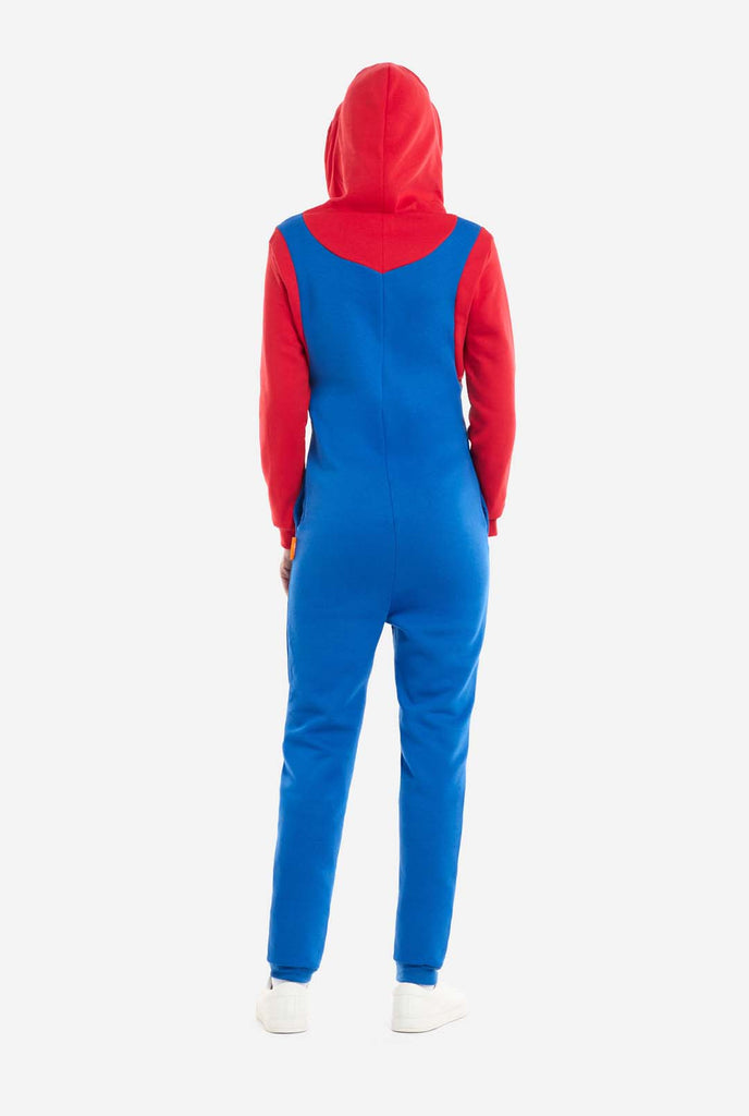 Woman wearing Unisex Adult Onesie with Super Mario theme, view from the back