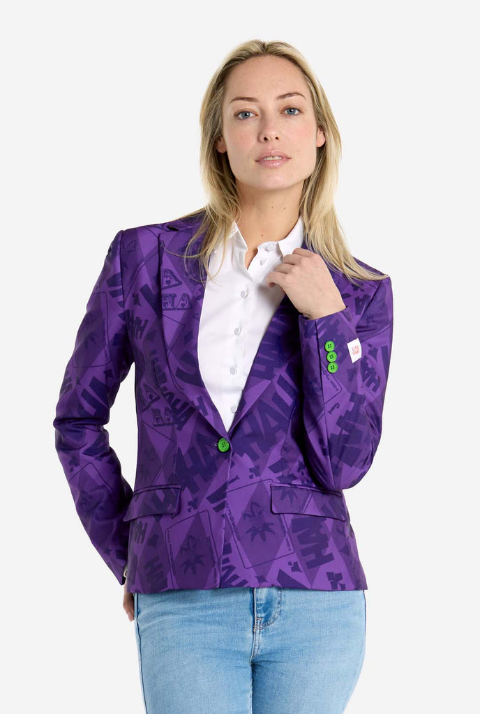 Woman wearing purple The Joker themed women's blazer