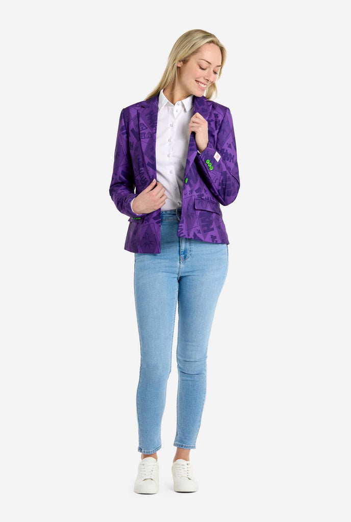 Woman wearing purple The Joker themed women's blazer