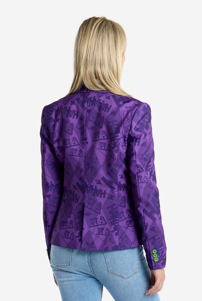 Woman wearing purple The Joker themed women's blazer