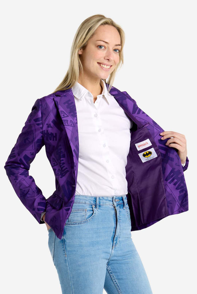 Woman wearing purple The Joker themed women's blazer