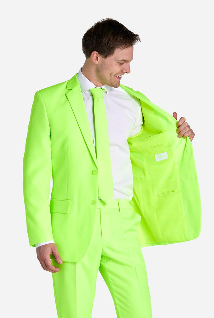 Man wearing neon lime green colored suit