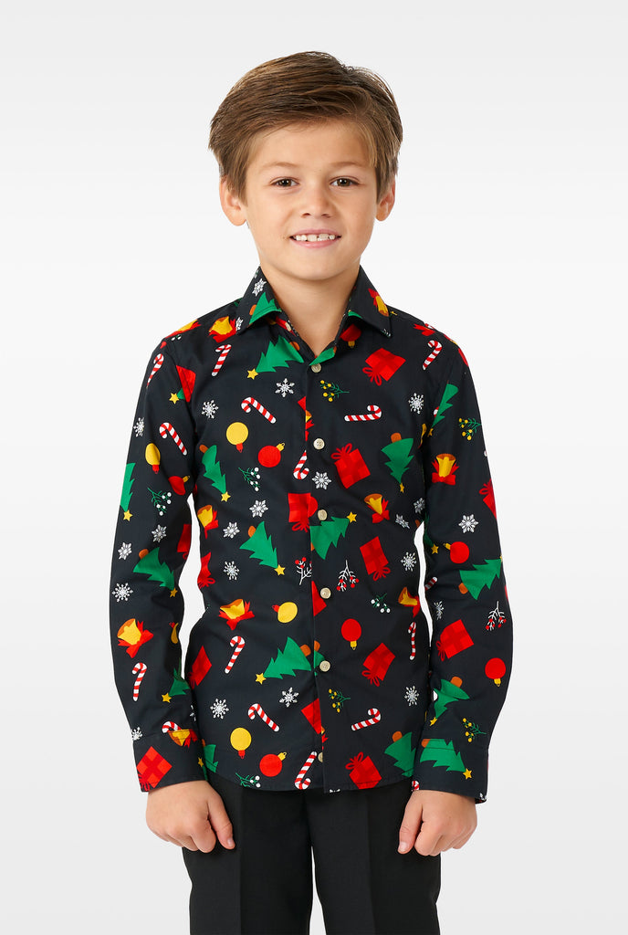 Funny black Christmas icons dress shirt worn by a boy zoomed in
