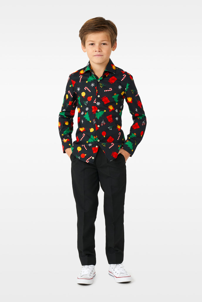 Funny black Christmas icons dress shirt worn by a boy 