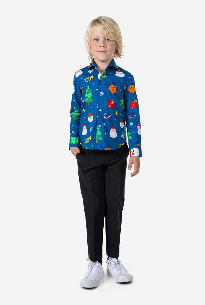 Kid wearing blue Christmas Shirt