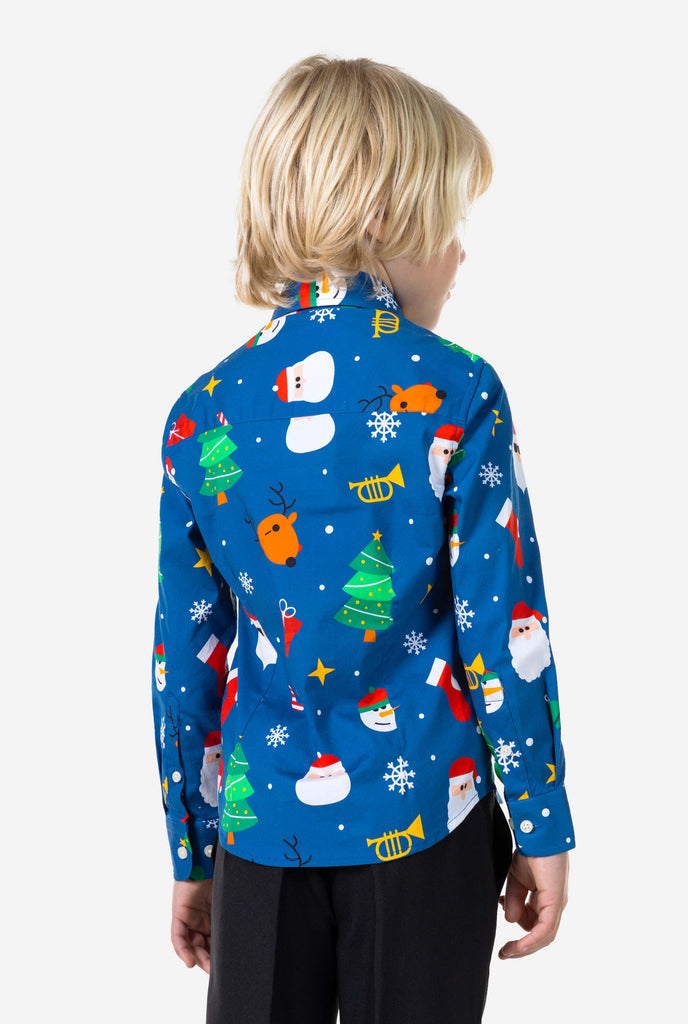 Kid wearing blue Christmas Shirt from the back