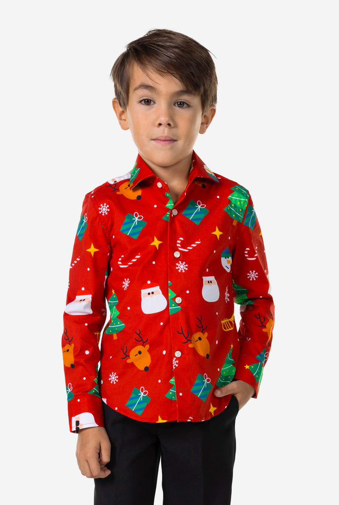 Kid wearing red Christmas suit