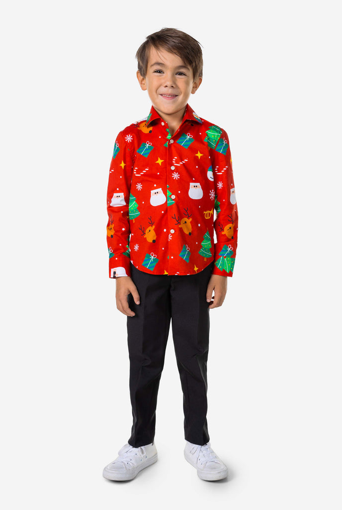 Kid wearing red Christmas suit