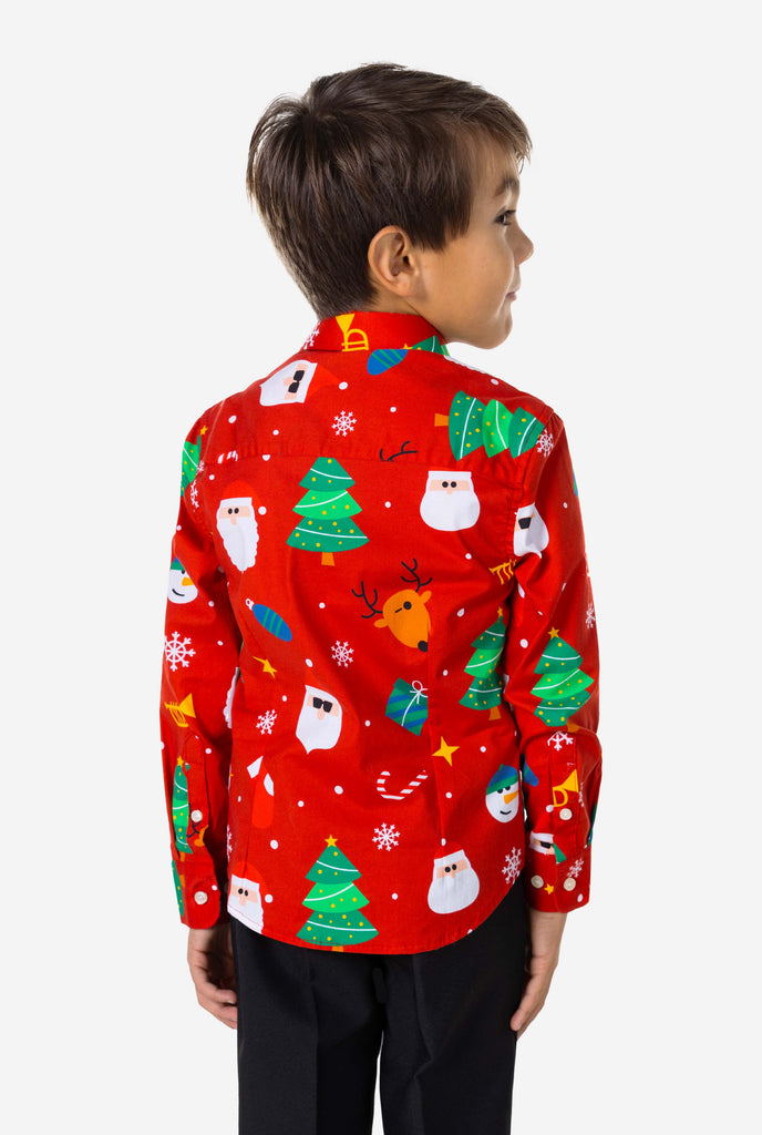 Kid wearing red Christmas suit from the back