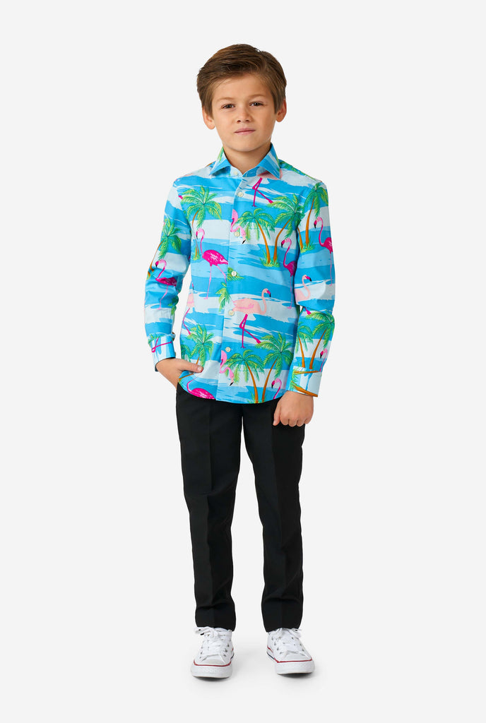 Boy wearing long sleeve boys' shirt with summer flamingo print