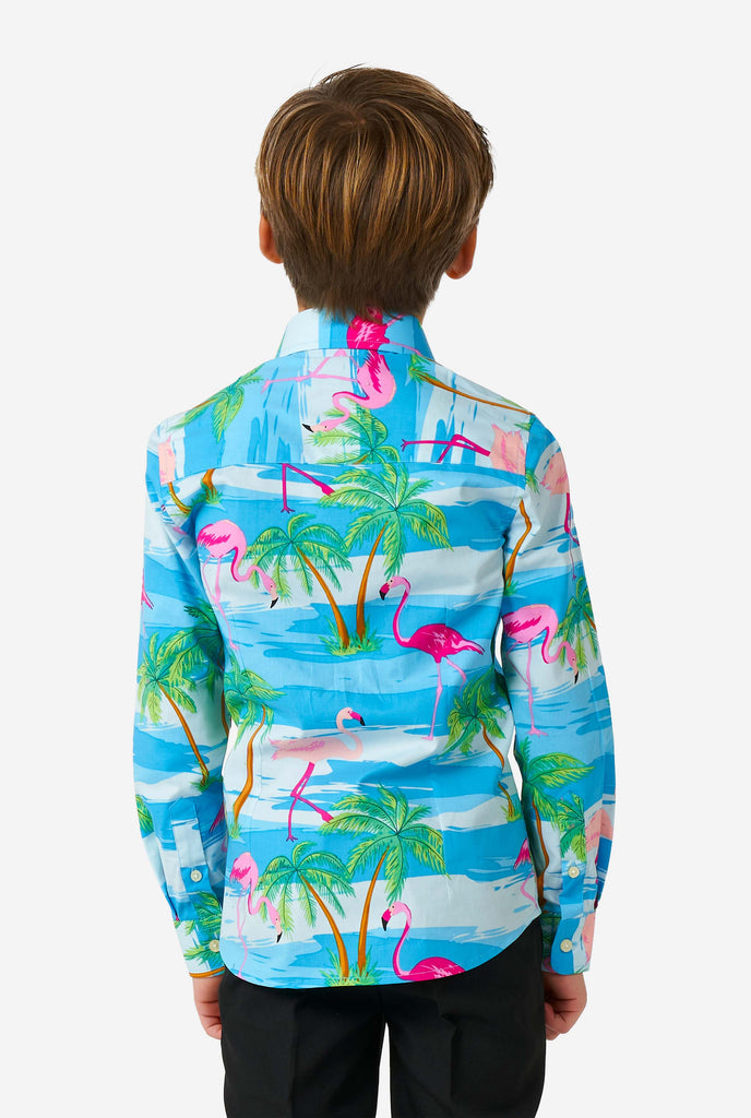 Boy wearing long sleeve boys' shirt with summer flamingo print from the back