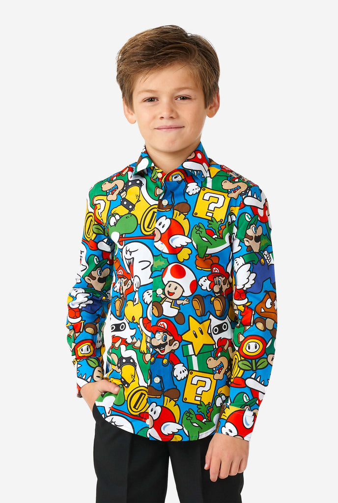 Boy wearing colorful long sleeve shirt with Super Mario Nintendo print