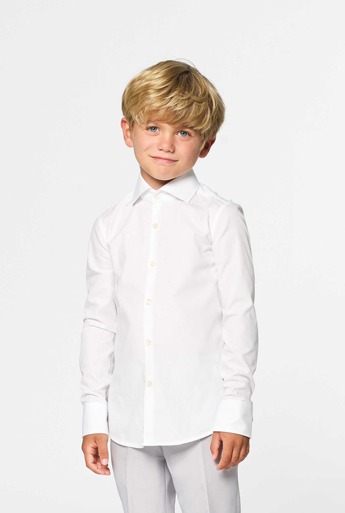 Long sleeve white shirt for boys worn by boy