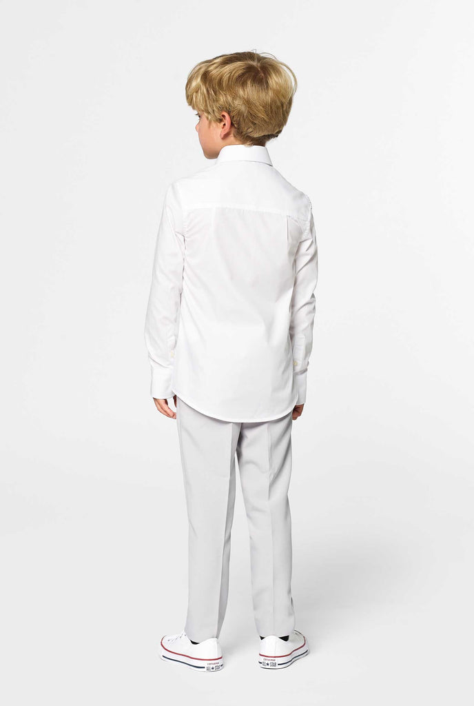 Long sleeve white shirt for boys worn by boy backside view