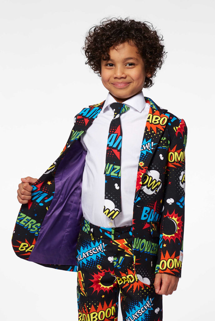 Comic book phrase suit for boys worn by a boy