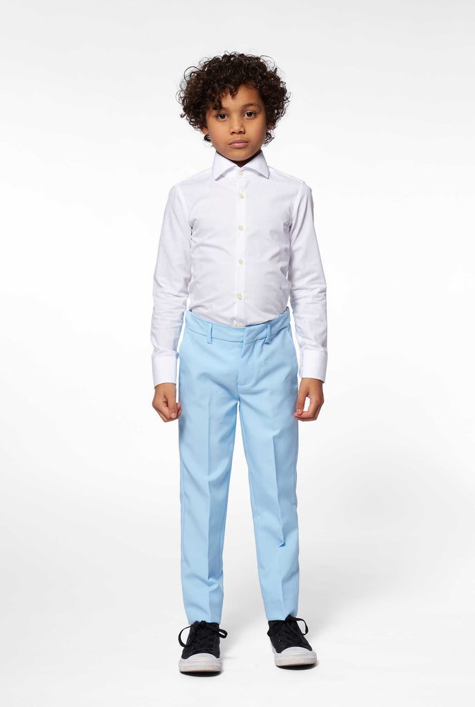 Boy wearing solid colored light blue pants part od boys suit 