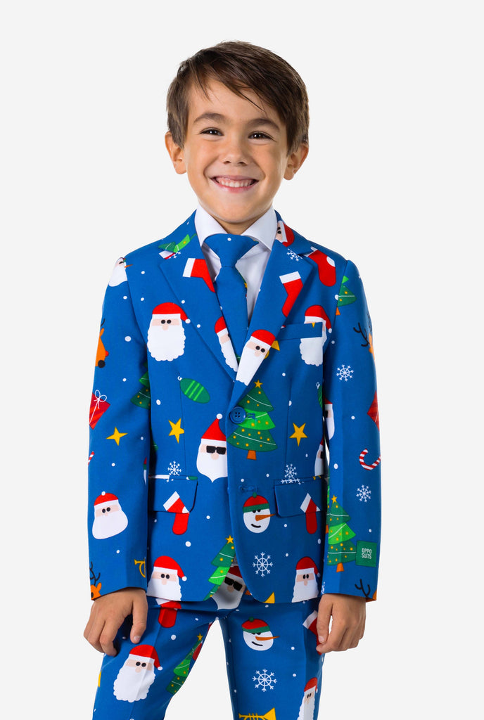 Kid wearing blue Christmas suit