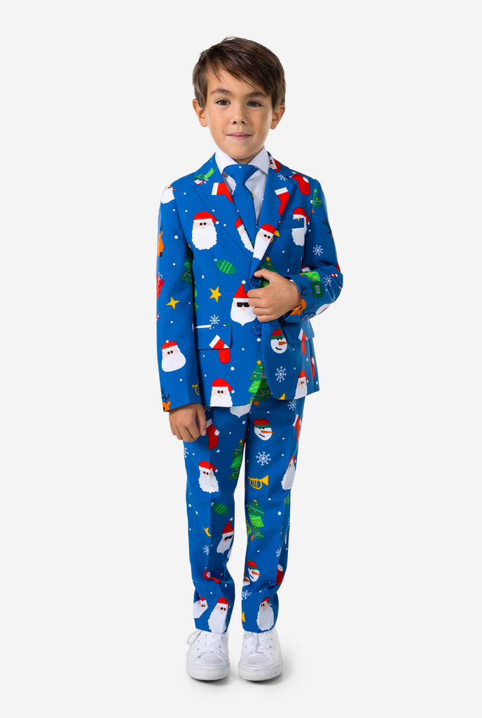 Kid wearing blue Christmas suit